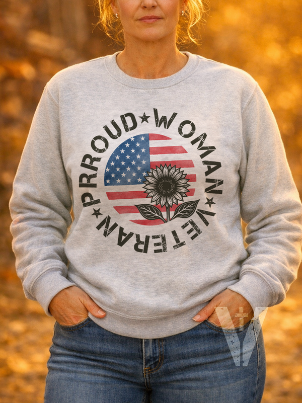 Proud Woman Veteran Crewneck - Sunflower with Flag